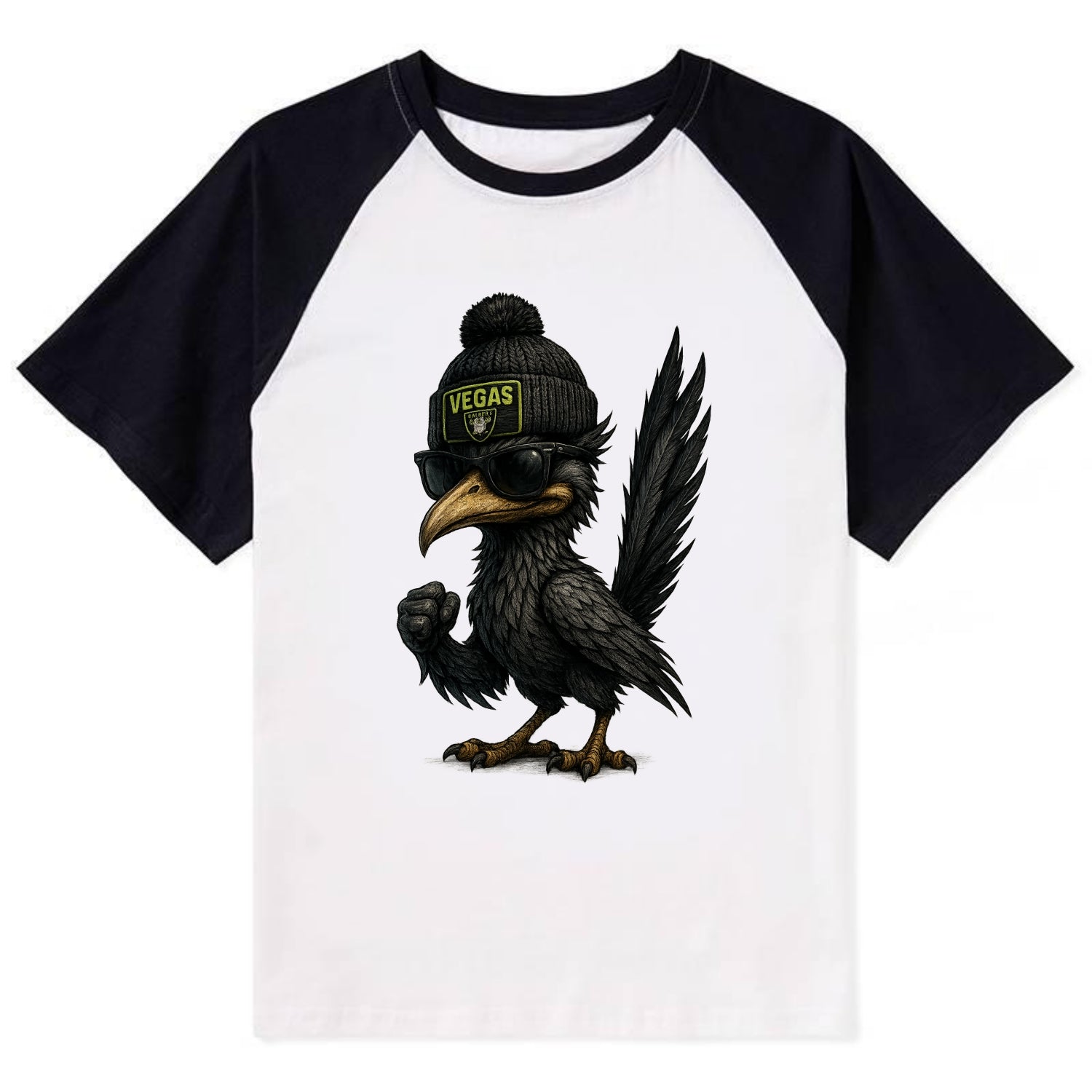 Vegas Roadrunner wearing Raiders beanie with neon patch and wayfarer - Contrast Raglan T-shirt - Black