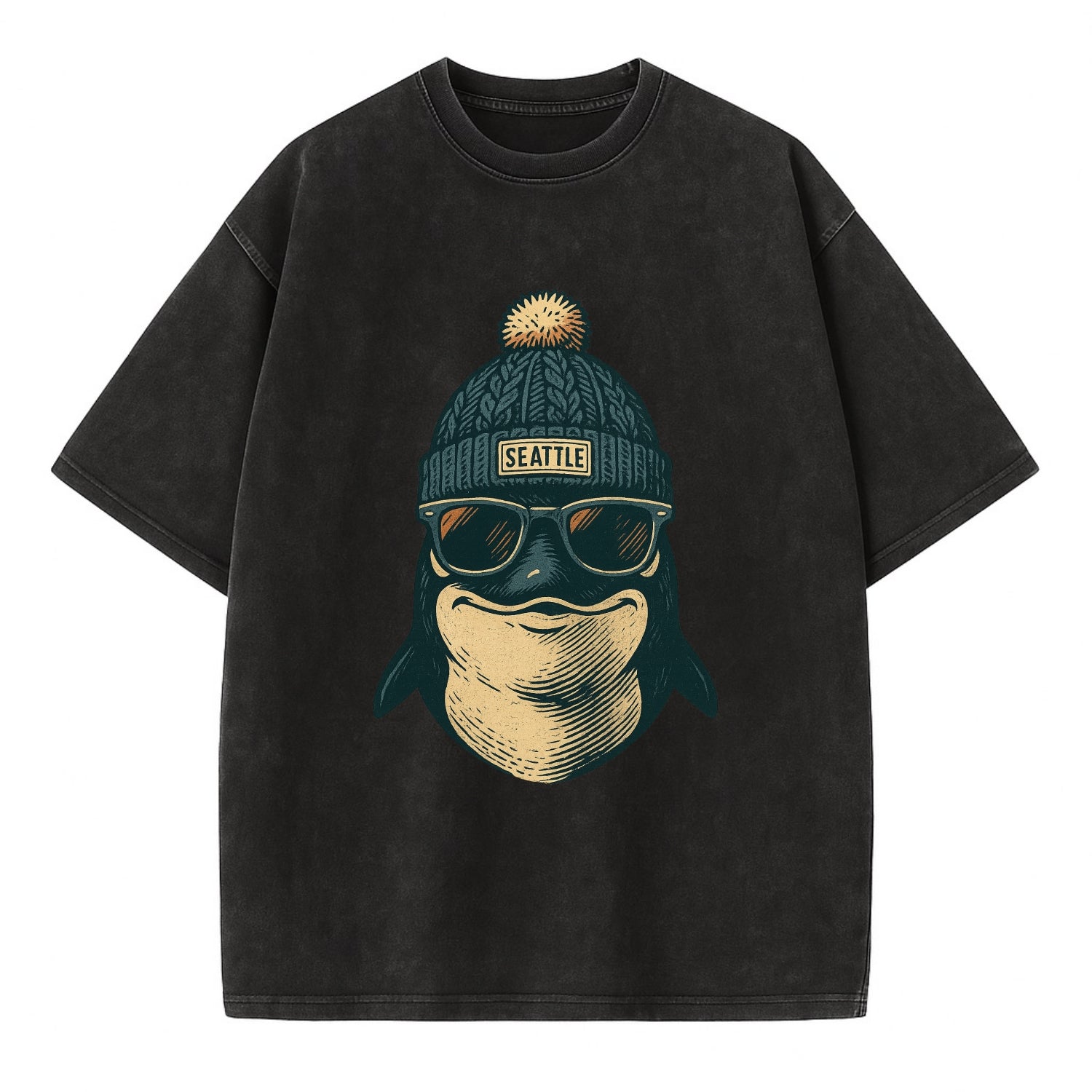 Washington Orca wearing Seattle beanie with pom pom and wayfarer sunglasses - Vintage T-shirt - Black