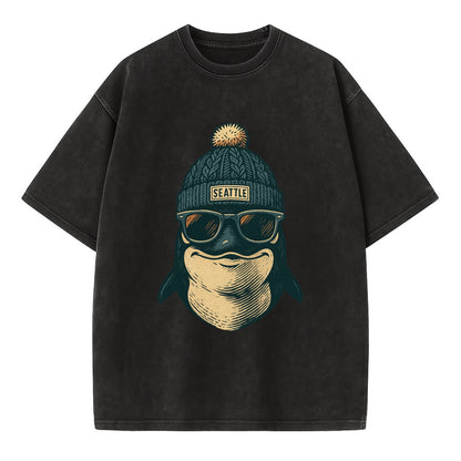 Washington Orca wearing Seattle beanie with pom pom and wayfarer sunglasses - Vintage T-shirt - Black