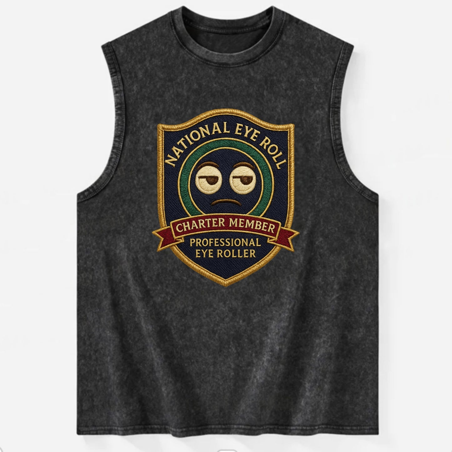 Crest with eye roll icon - "National Eye Roll Association - Charter Member" - - Vintage Washed Tank - Black