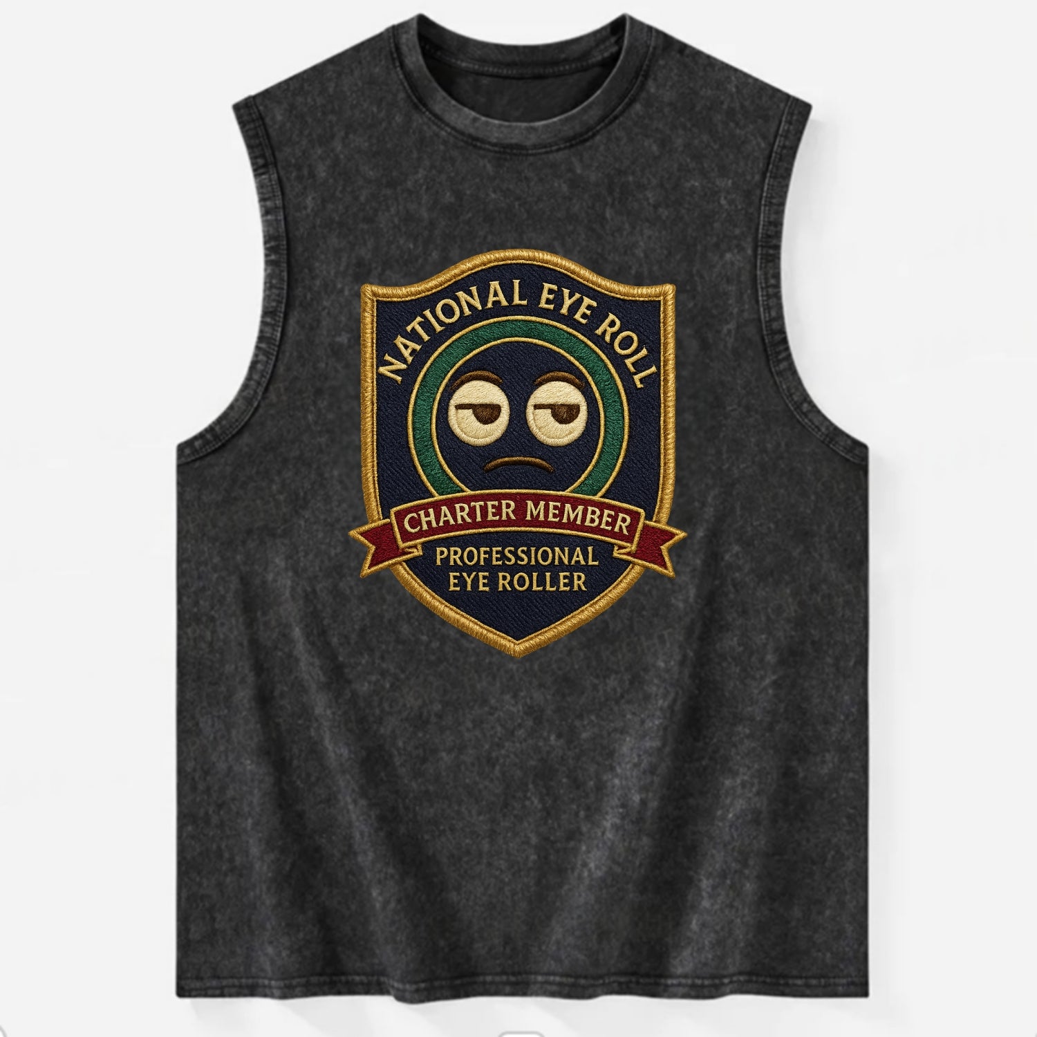 Crest with eye roll icon - "National Eye Roll Association - Charter Member" - - Vintage Washed Tank - Black