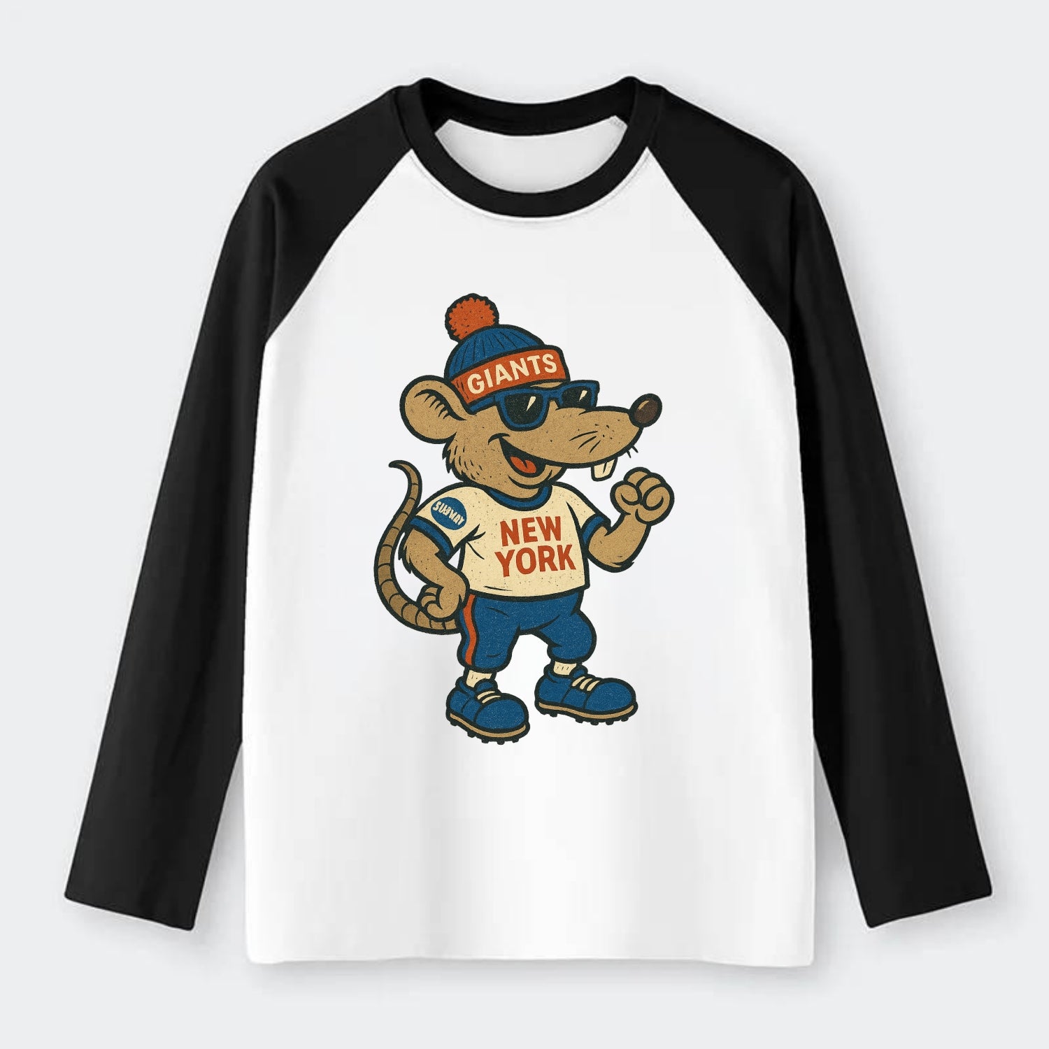 New York Rat wearing Giants beanie with subway patch and wayfarer - Raglan Long Sleeve T-Shirt - Black