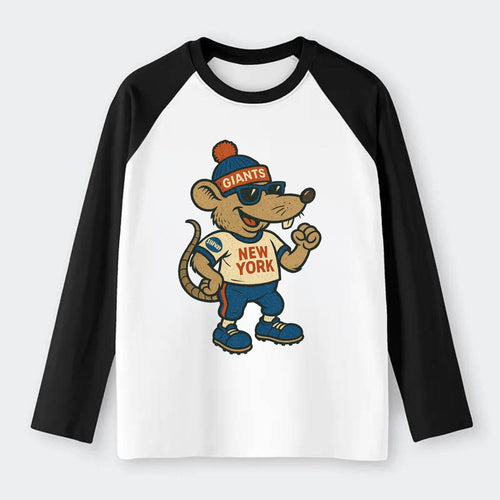 New York Rat wearing Giants beanie with subway patch and wayfarer - Raglan Long Sleeve T-Shirt