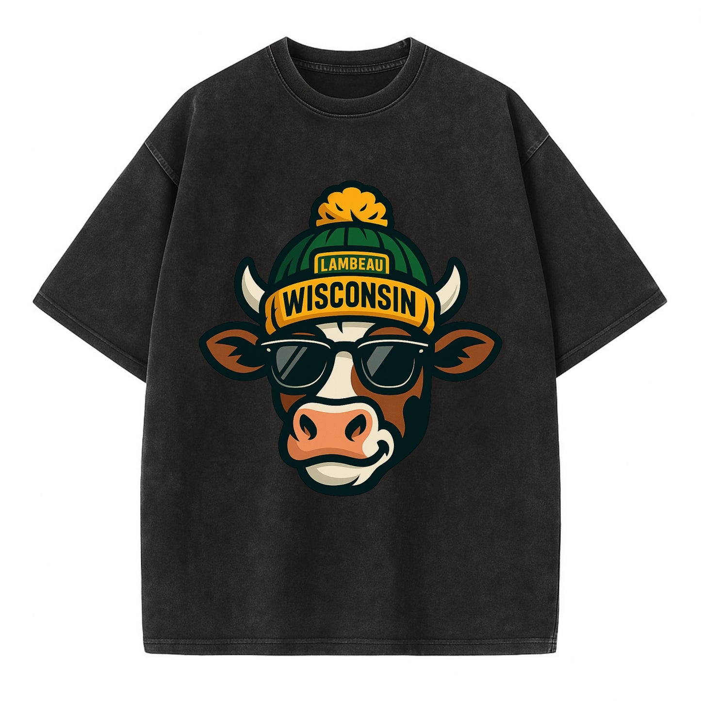 Wisconsin Cow wearing Packers beanie with Lambeau patch and wayfarer sunglasses - Vintage T-shirt - Black