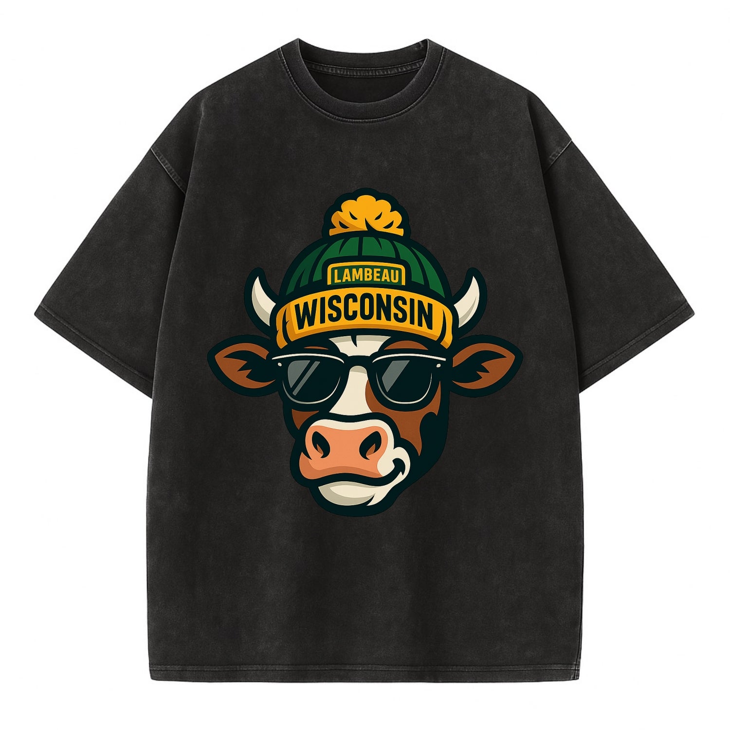 Wisconsin Cow wearing Packers beanie with Lambeau patch and wayfarer sunglasses - Vintage T-shirt - Black