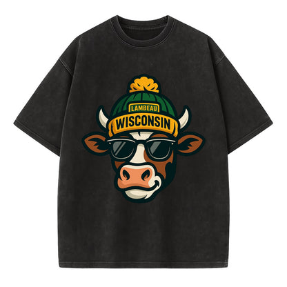 Wisconsin Cow wearing Packers beanie with Lambeau patch and wayfarer sunglasses - Vintage T-shirt - Black