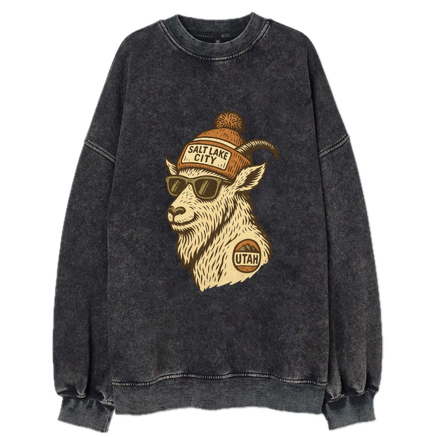 Utah Mountain Goat wearing Salt Lake City beanie with pom pom and wayfarer - Vintage Sweatshirt - Black