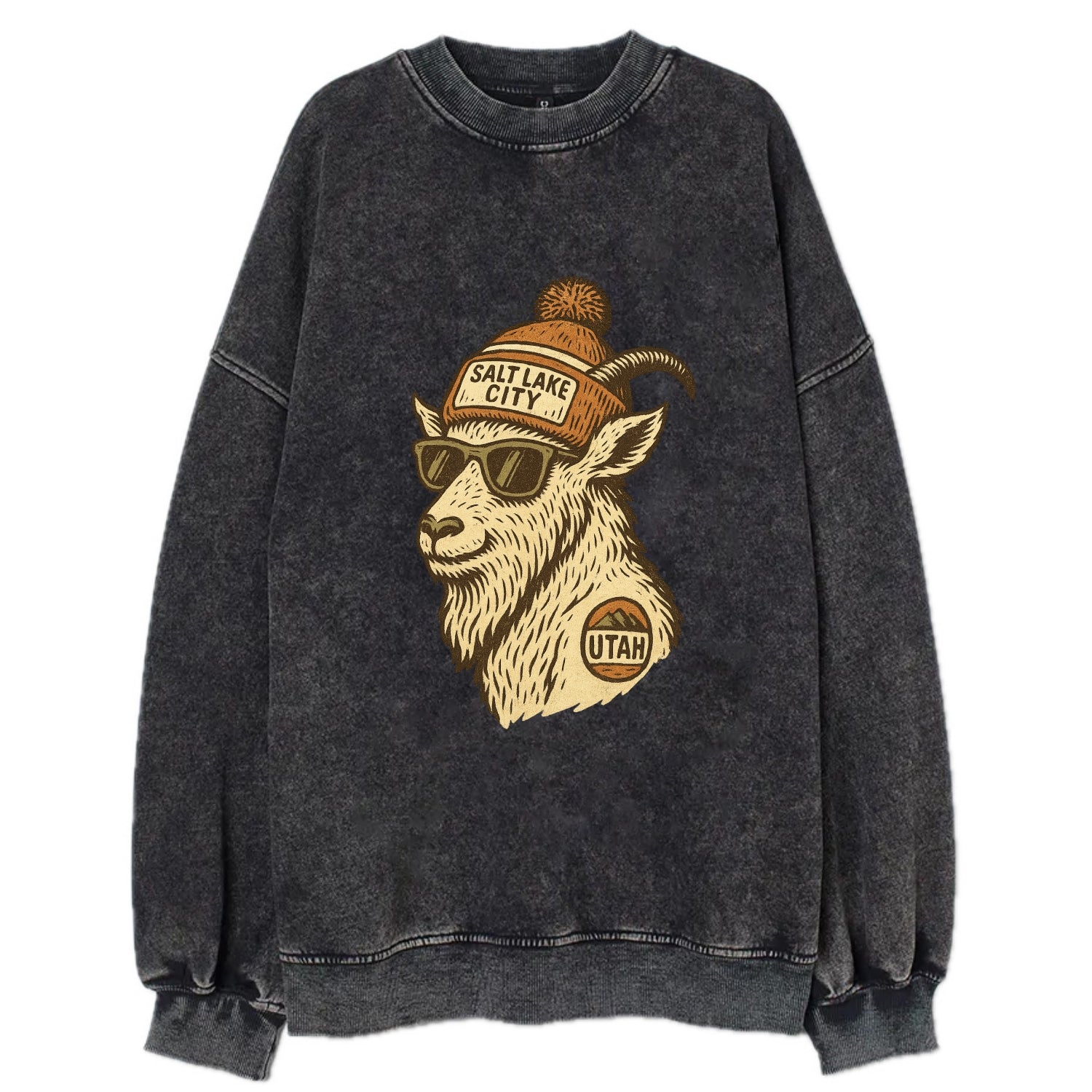 Utah Mountain Goat wearing Salt Lake City beanie with pom pom and wayfarer - Vintage Sweatshirt - Black