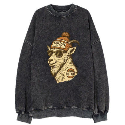 Utah Mountain Goat wearing Salt Lake City beanie with pom pom and wayfarer - Vintage Sweatshirt - Black