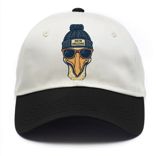 New Orleans Pelican wearing New Orleans beanie with pom pom and wayfarer sunglasses - Two Tone Cap