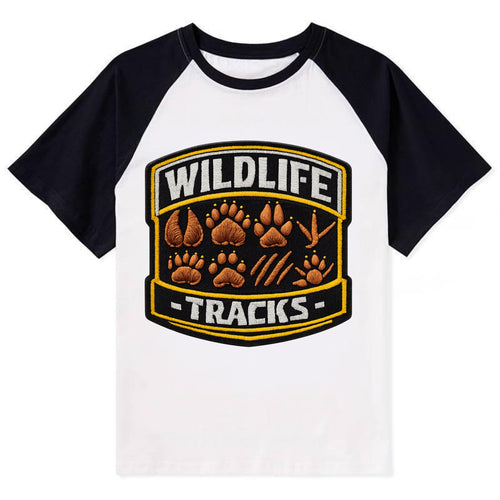 WILDLIFE TRACKS - animal footprints in brown , tracker - Contrast Raglan T-shirt