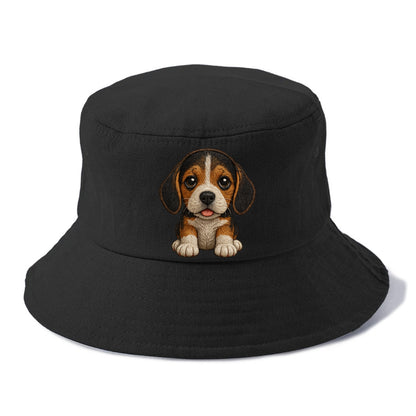 Baby Beagle Puppy - tricolor coat, long droopy ears, big pleading eyes, front-facing, - Bucket Hat - Black