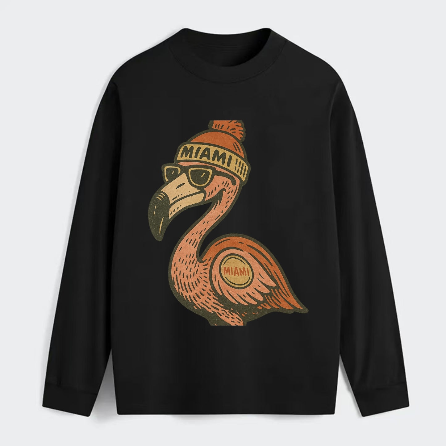 Miami Flamingo wearing Miami beanie with pom pom and wayfarer sunglasses - Classic Long Sleeve Shirt - Black