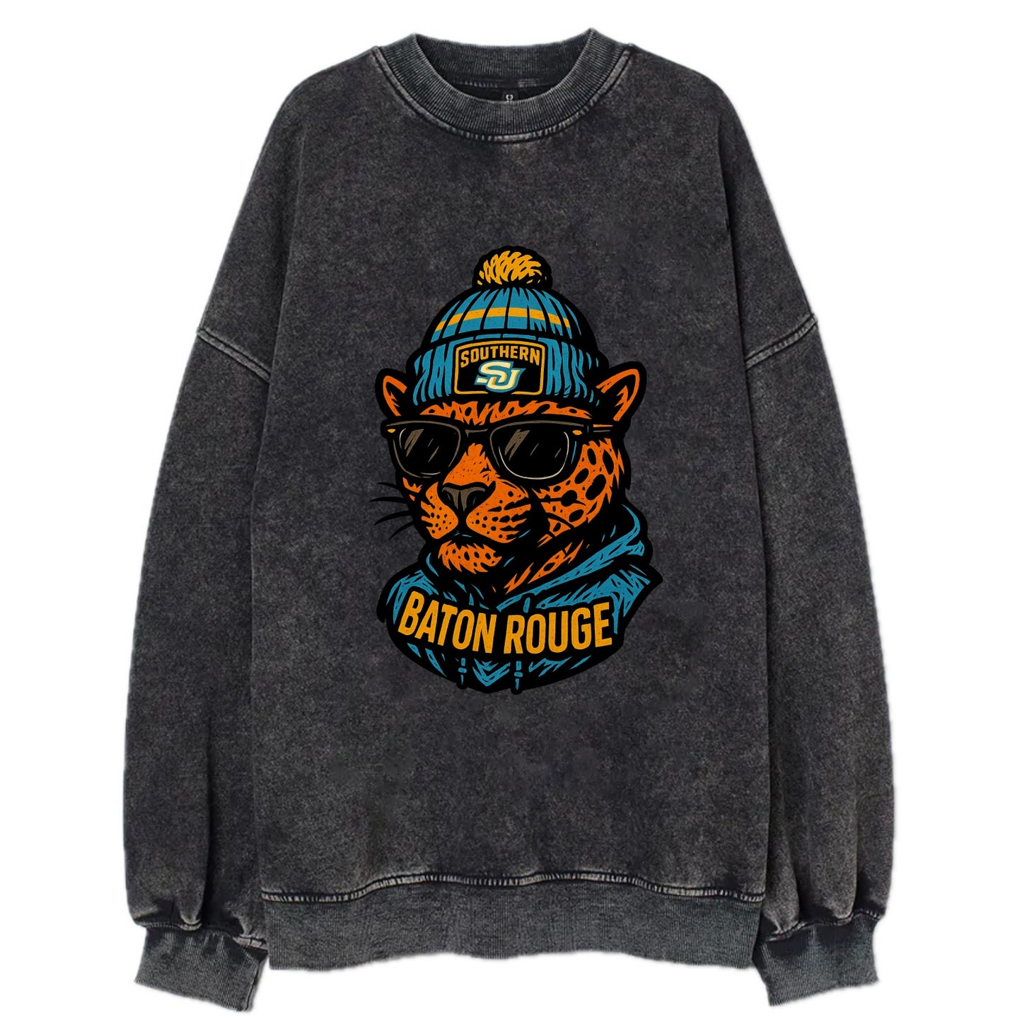 Baton Rouge Jaguar wearing Southern beanie with SU patch - Vintage Sweatshirt - Black