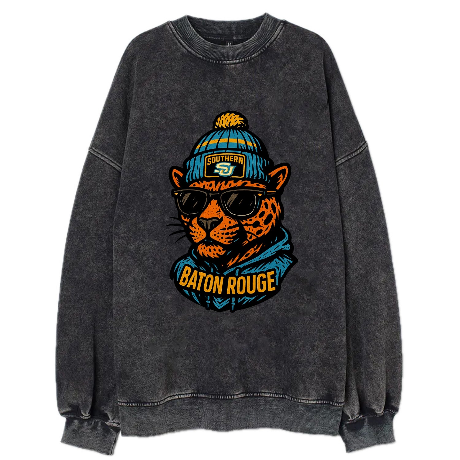 Baton Rouge Jaguar wearing Southern beanie with SU patch - Vintage Sweatshirt - Black
