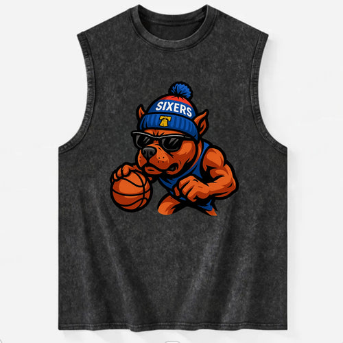 Philly Pitbull wearing Sixers beanie with Liberty Bell and wayfarer sunglasses - Vintage Washed Tank