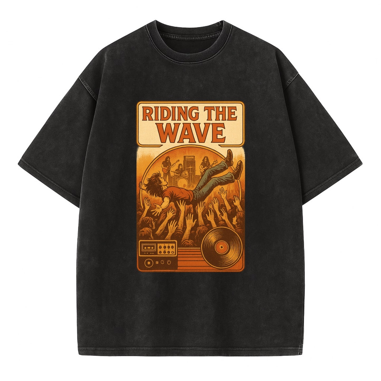 Crowd surfing at packed concert - "Riding the Wave" - concert energy - Vintage T-shirt - Black