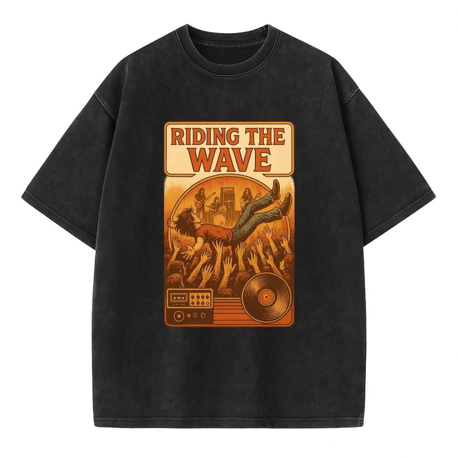 Crowd surfing at packed concert - "Riding the Wave" - concert energy - Vintage T-shirt - Black