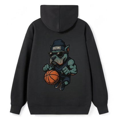 Detroit Pitbull wearing Pistons beanie with chrome patch and wayfarer - Classic Pullover Hoodie - Black