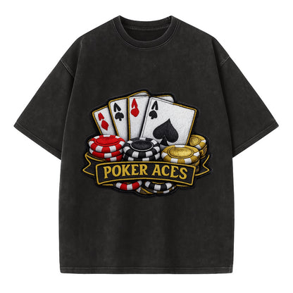 Embroidered patch design - POKER ACES - four aces with chips in red, black and - Vintage T-shirt - Black