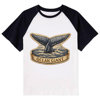 WHALE TAIL - diving whale in blue and gray , ocean giant - Contrast Raglan T-shirt - Black