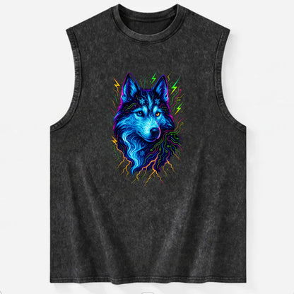 Siberian husky with ice-crystal flowing patterns, electric blue and white - Vintage Washed Tank - Black