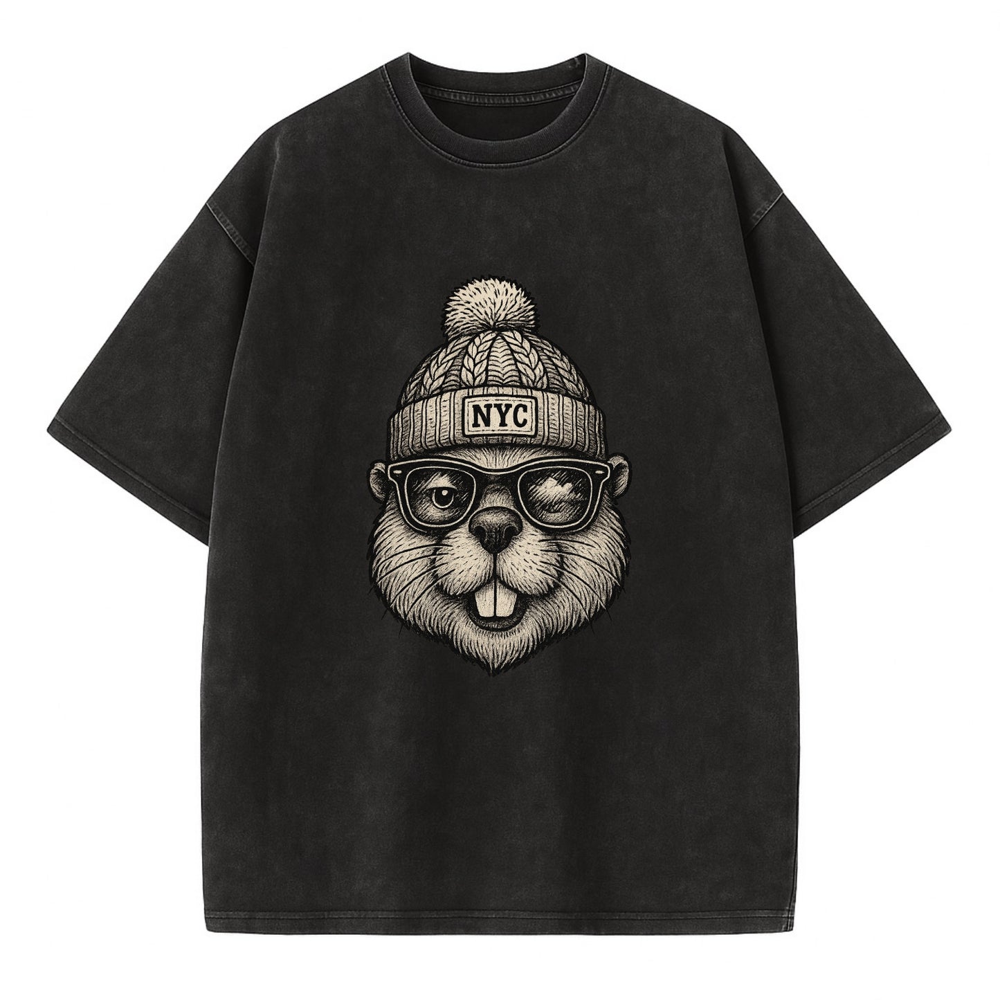 New York Beaver wearing NYC beanie with pom pom and wayfarer sunglasses - Vintage T-shirt - Black