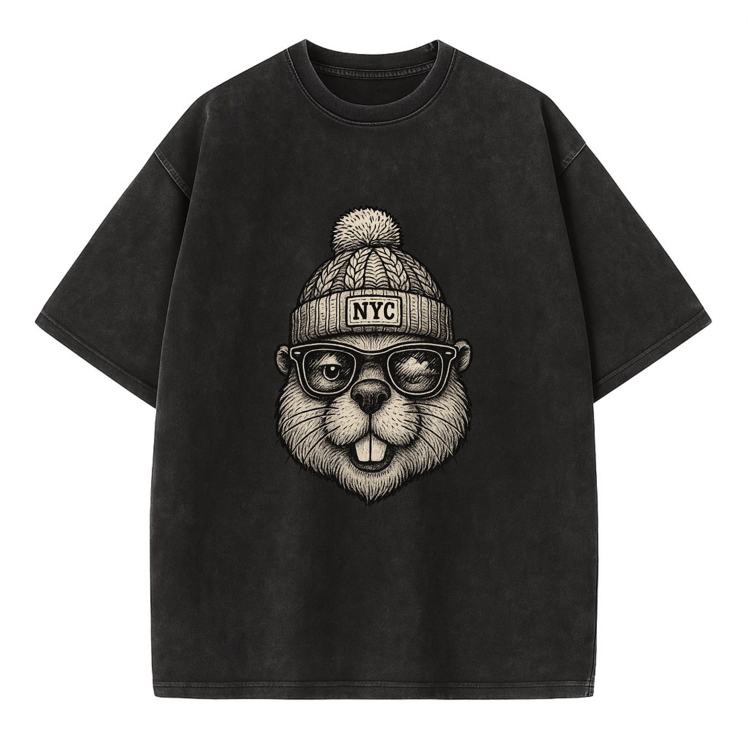 New York Beaver wearing NYC beanie with pom pom and wayfarer sunglasses - Vintage T-shirt - Black