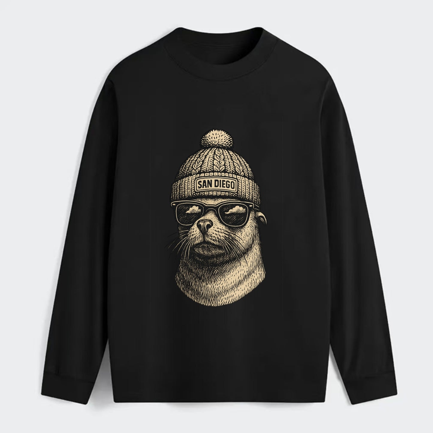 San Diego Sea Lion wearing San Diego beanie with pom pom and wayfarer - Classic Long Sleeve Shirt - Black