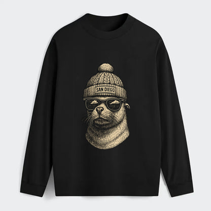San Diego Sea Lion wearing San Diego beanie with pom pom and wayfarer - Classic Long Sleeve Shirt - Black