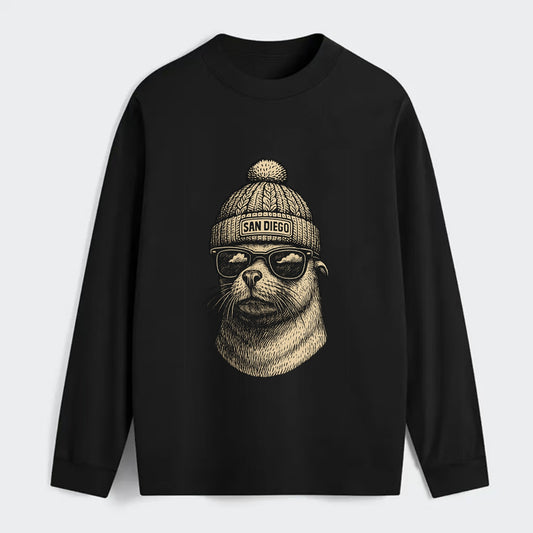 San Diego Sea Lion wearing San Diego beanie with pom pom and wayfarer - Classic Long Sleeve Shirt - Black