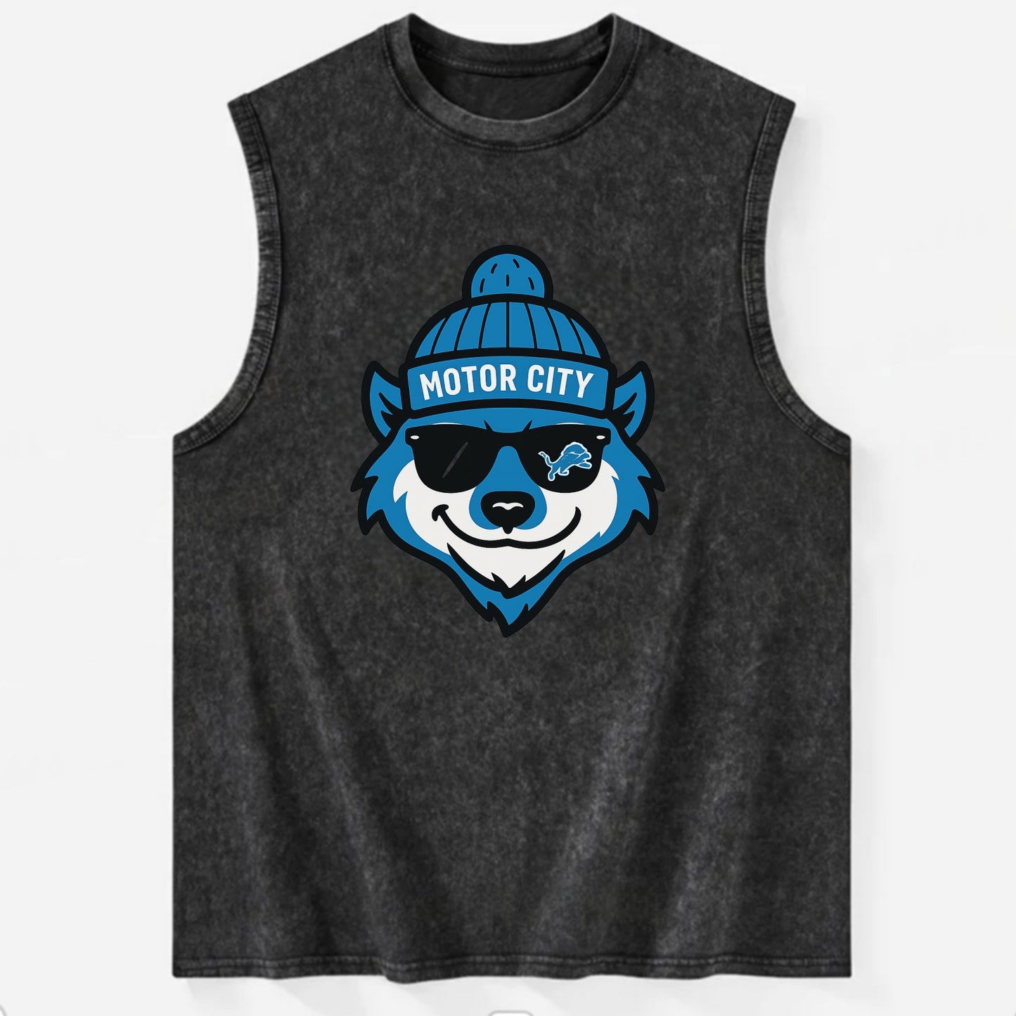 Motor City Wolverine wearing Lions beanie with gear patch and wayfarer - Vintage Washed Tank - Black