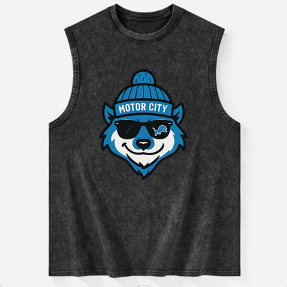 Motor City Wolverine wearing Lions beanie with gear patch and wayfarer - Vintage Washed Tank - Black