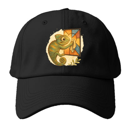 Chameleon blending into a stained-glass window it is polishing with delicate cloths - Baseball Cap - Black