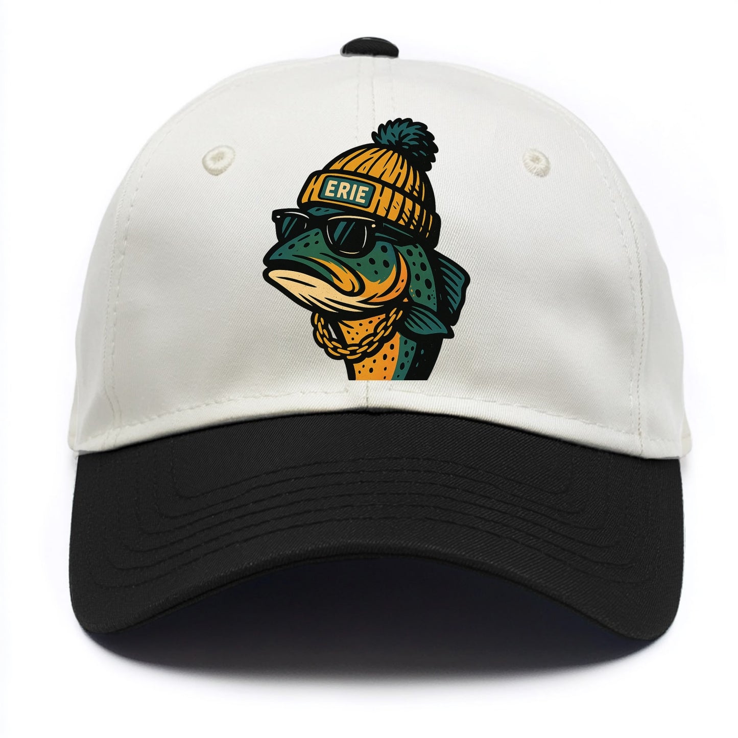 Erie Lake Trout wearing Erie beanie with pom pom and wayfarer sunglasses - Two Tone Cap - Black