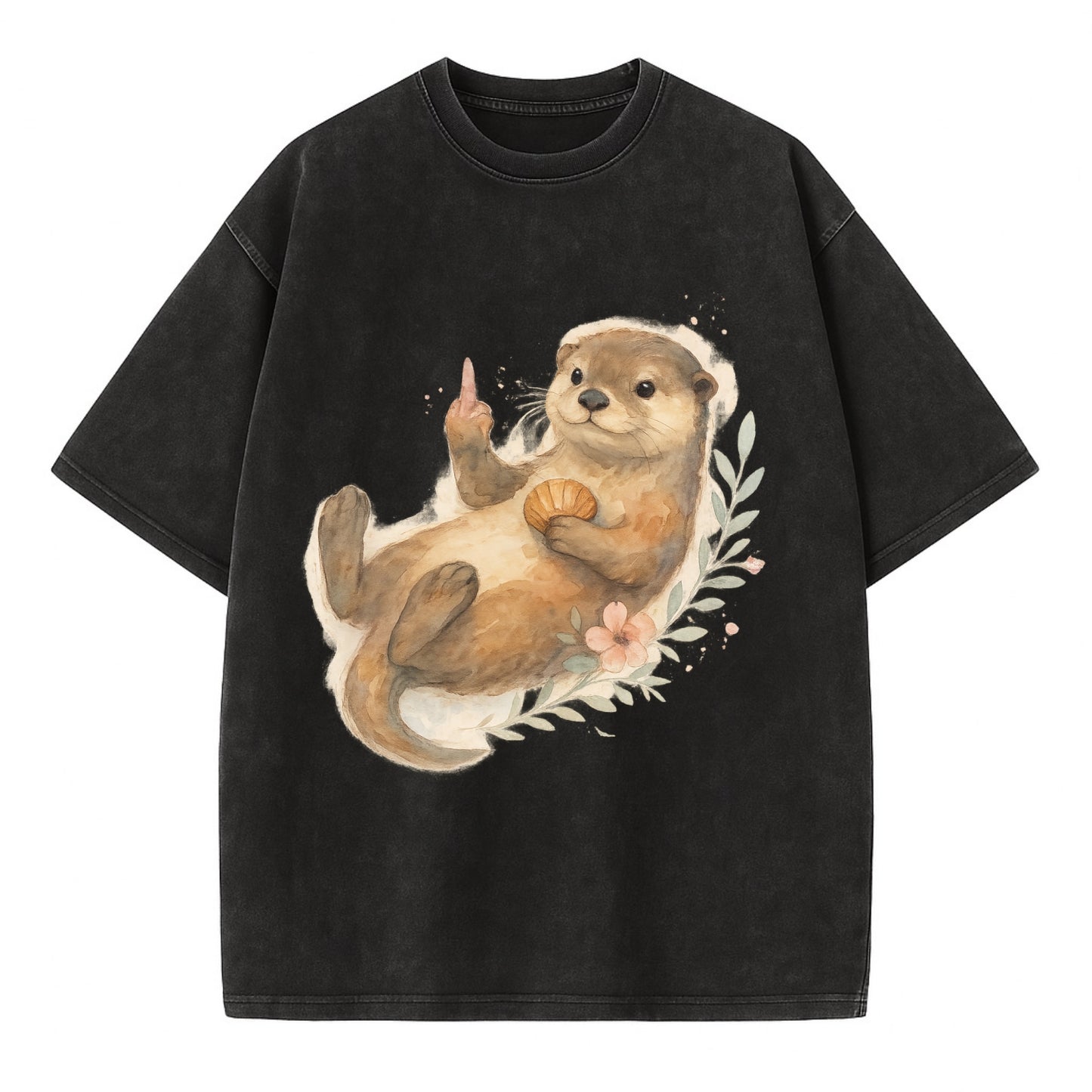 adorable otter floating on back, middle finger up while holding a shellfish - Vintage T-shirt - Black