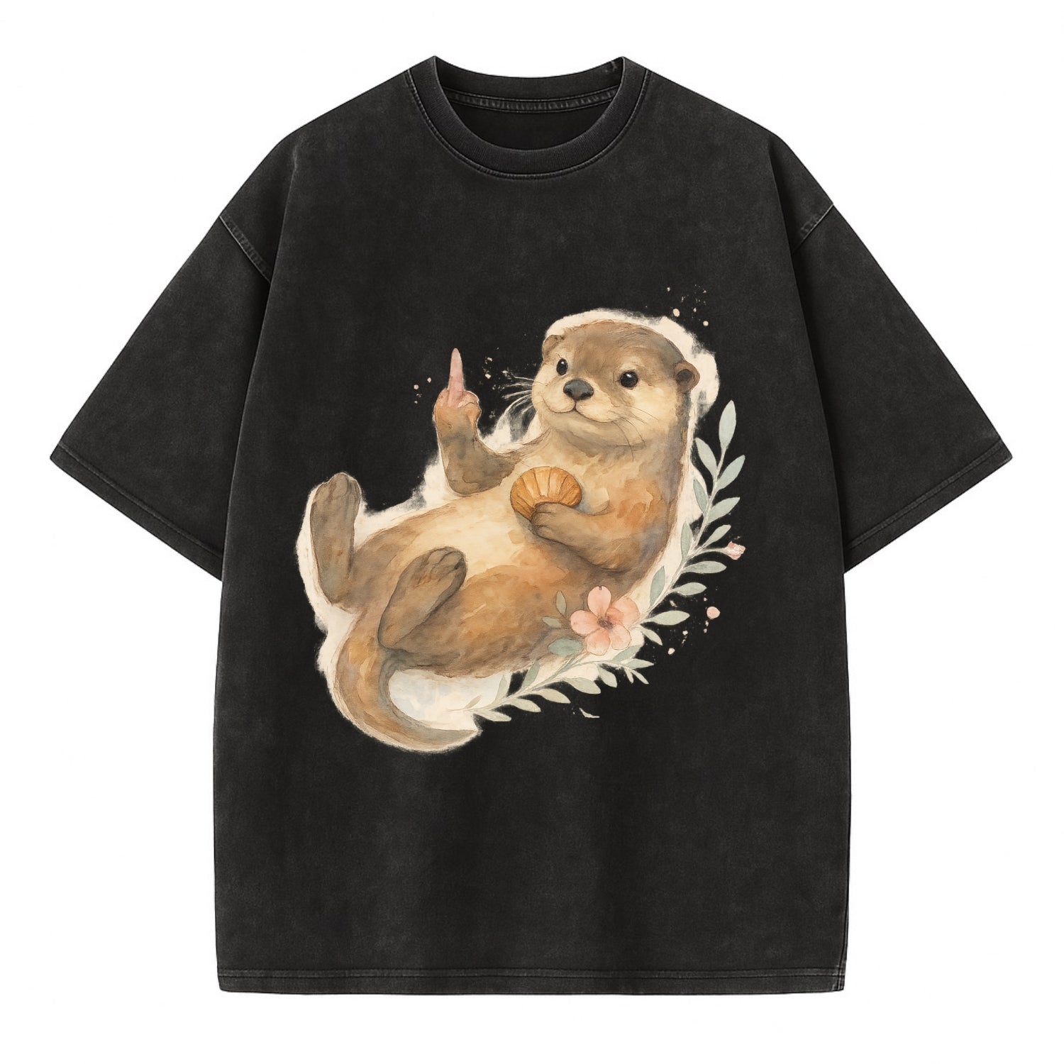adorable otter floating on back, middle finger up while holding a shellfish - Vintage T-shirt - Black