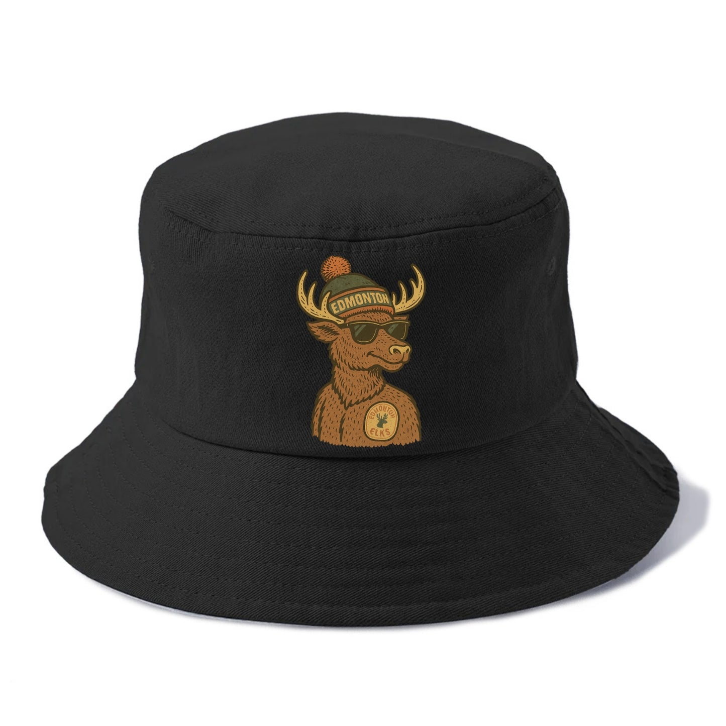 Edmonton Elk wearing Edmonton beanie with pom pom and wayfarer sunglasses - Bucket Hat - Black