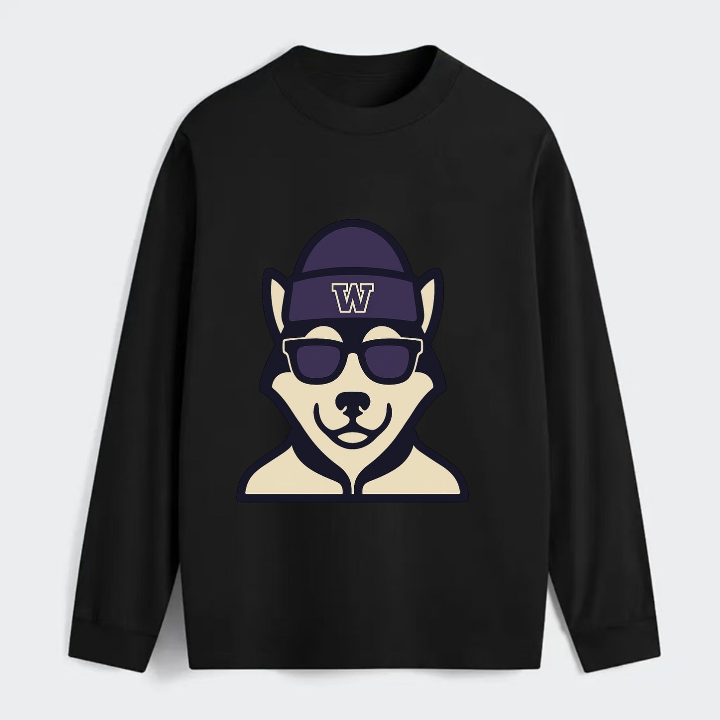 Seattle Husky wearing Washington beanie with W patch - Classic Long Sleeve Shirt - Black