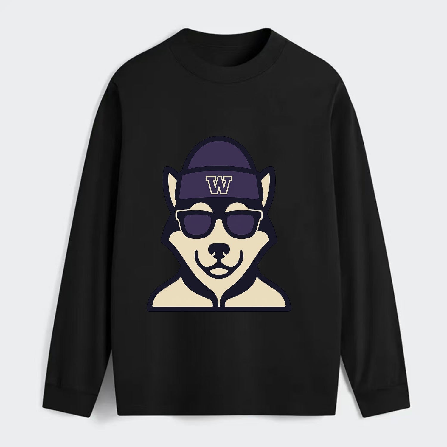 Seattle Husky wearing Washington beanie with W patch - Classic Long Sleeve Shirt - Black