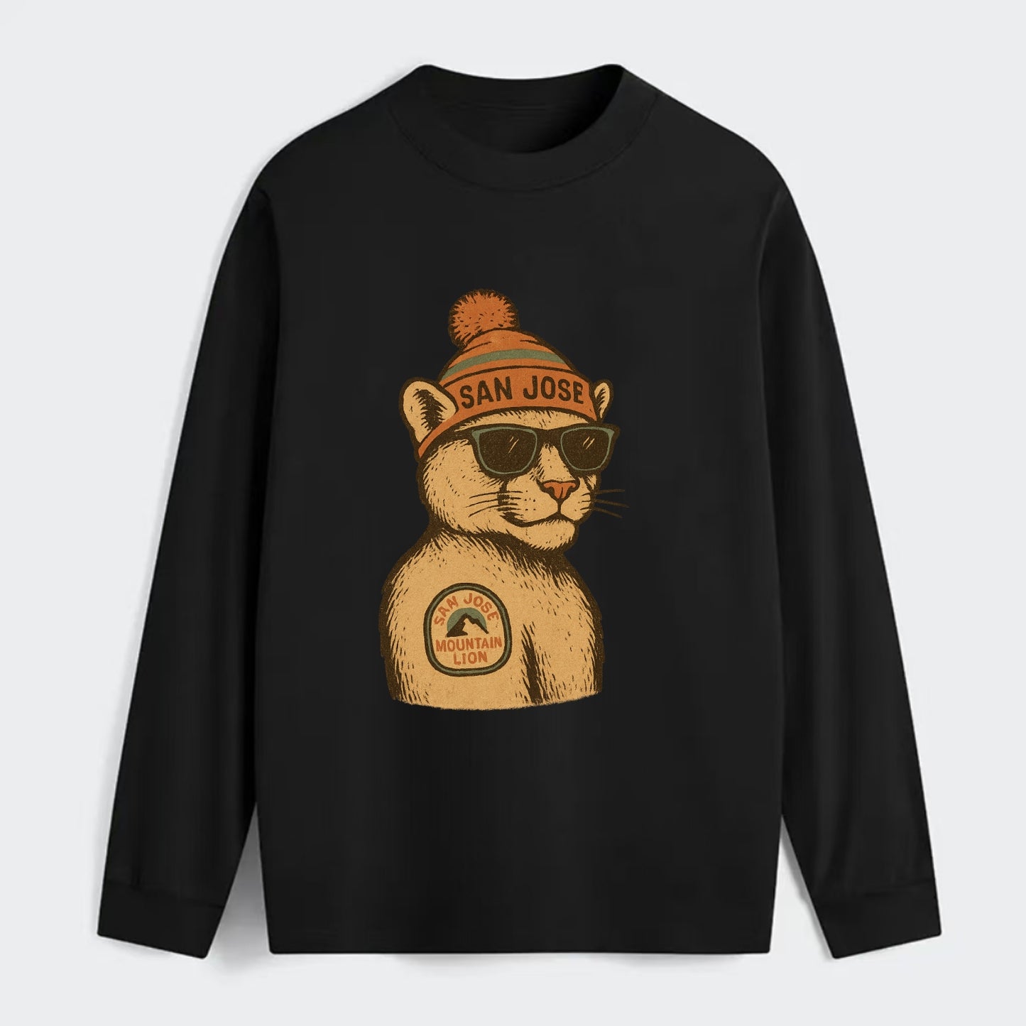 San Jose Mountain Lion wearing San Jose beanie with pom pom and - Classic Long Sleeve Shirt - Black