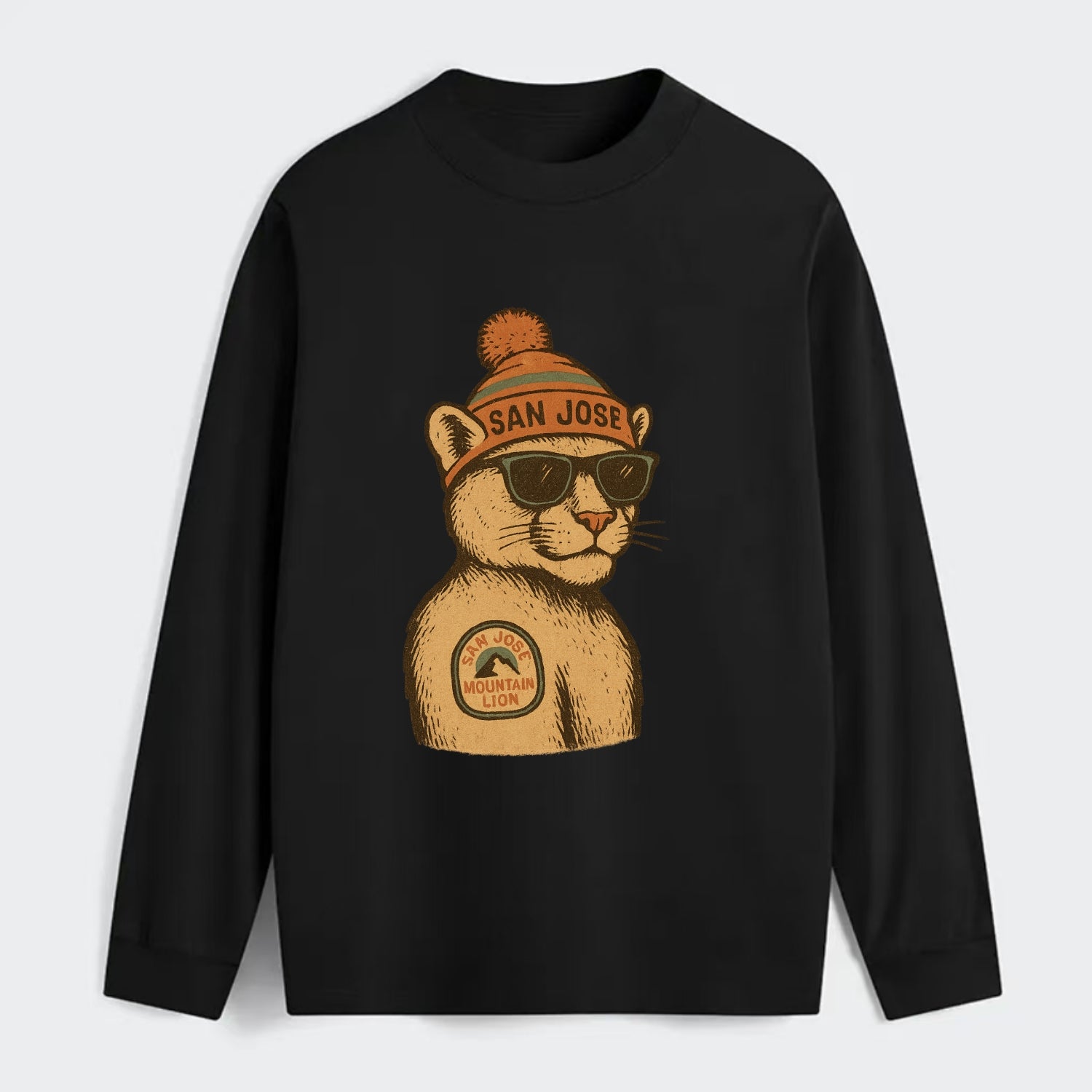 San Jose Mountain Lion wearing San Jose beanie with pom pom and - Classic Long Sleeve Shirt - Black