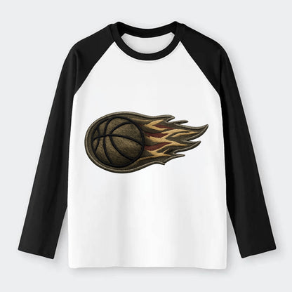 BASKETBALL FLAMING BALL - basketball with flames in orange and red , - Raglan Long Sleeve T-Shirt - Black