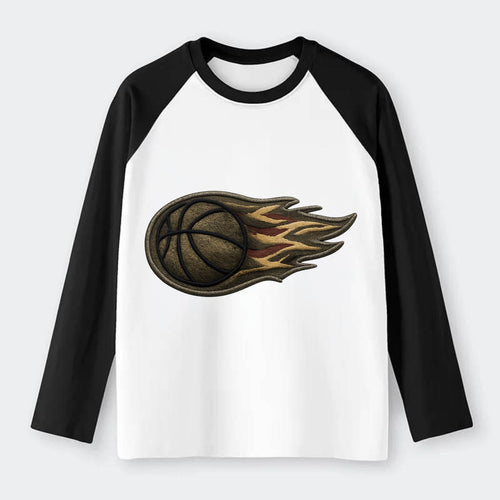 BASKETBALL FLAMING BALL - basketball with flames in orange and red , - Raglan Long Sleeve T-Shirt