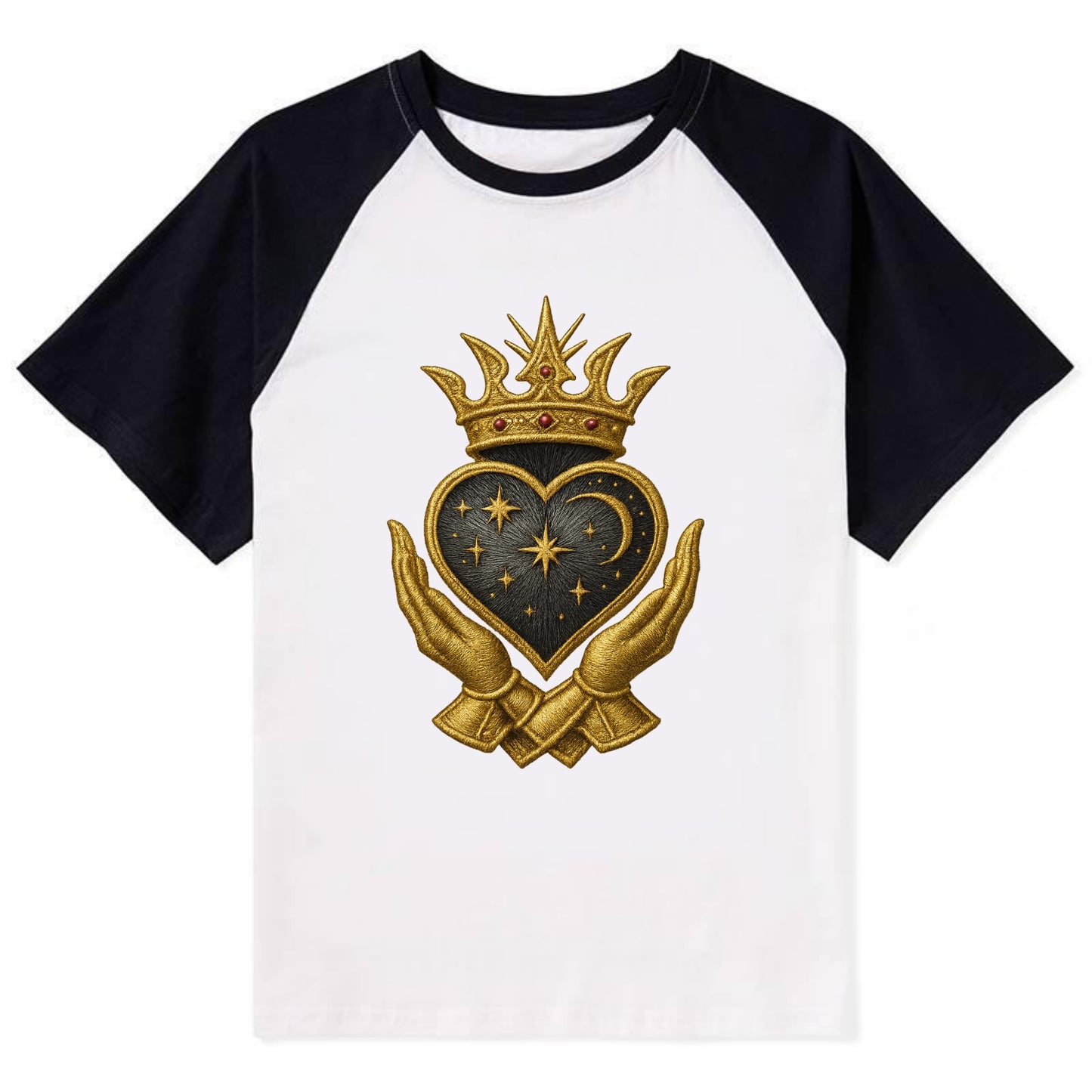Hammered bronze warrior crown anchoring a dark steel heart with - Contrast Raglan T-shirt - Black
