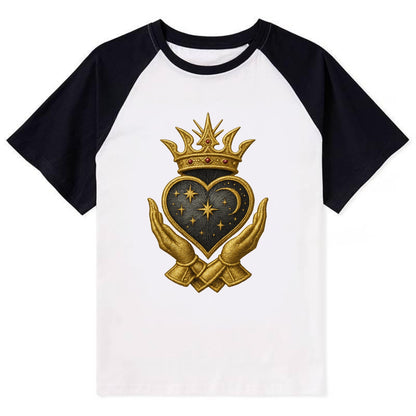 Hammered bronze warrior crown anchoring a dark steel heart with - Contrast Raglan T-shirt - Black