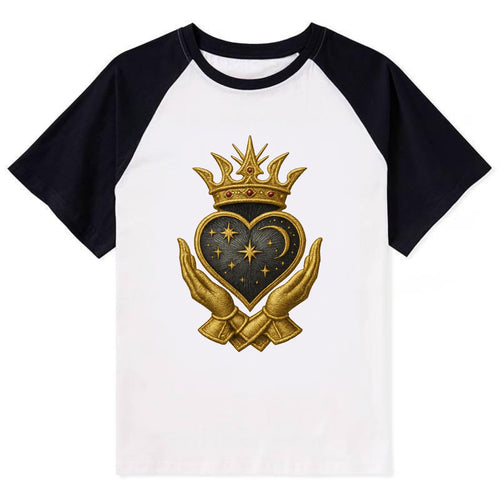 Hammered bronze warrior crown anchoring a dark steel heart with - Contrast Raglan T-shirt