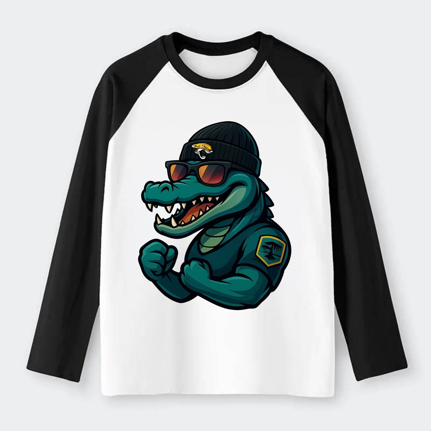 Jacksonville Alligator wearing Jaguars beanie with swamp patch and - Raglan Long Sleeve T-Shirt - Black