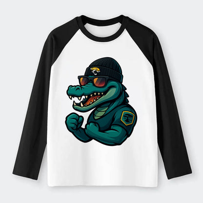 Jacksonville Alligator wearing Jaguars beanie with swamp patch and - Raglan Long Sleeve T-Shirt - Black