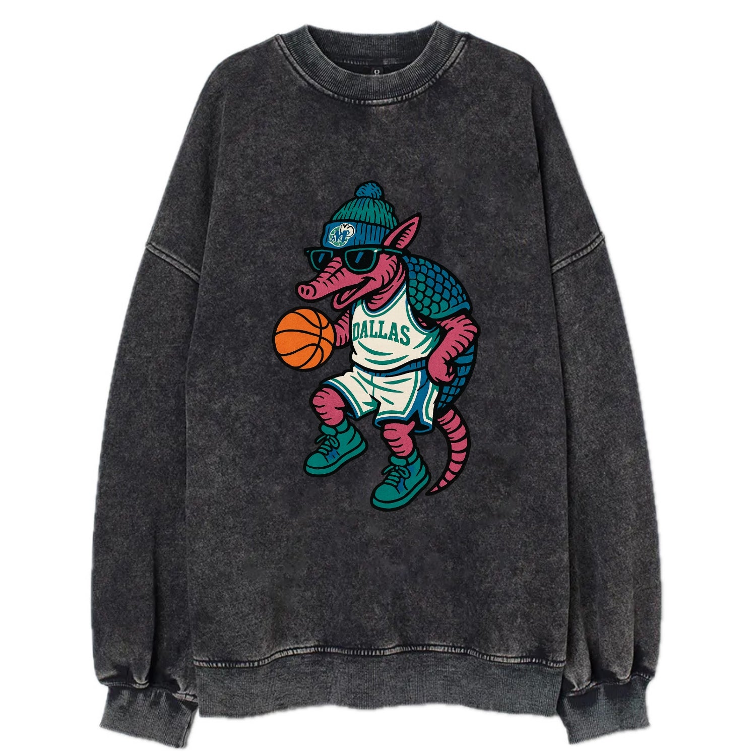 Dallas Armadillo wearing Mavericks beanie with cowboy hat patch and wayfarer - Vintage Sweatshirt - Black